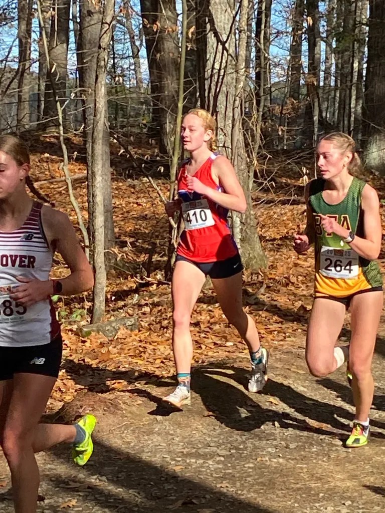 Mascenic senior Erin O'Shea battles against a Bellows Free Academy runner in the New England Championship. COURTESY