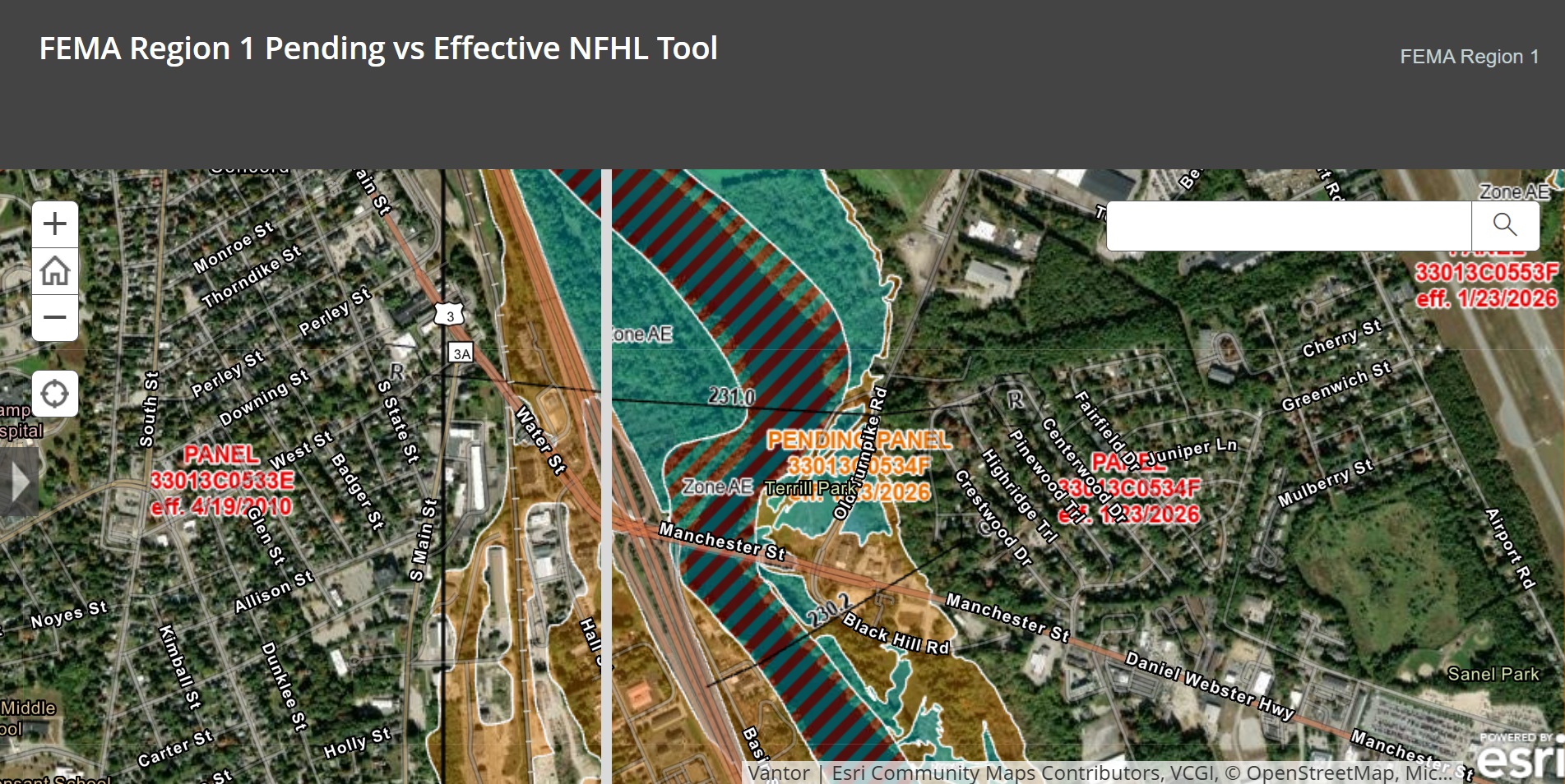 Screenshot of an online site that compares existing (left) and proposed new (right) flood maps.