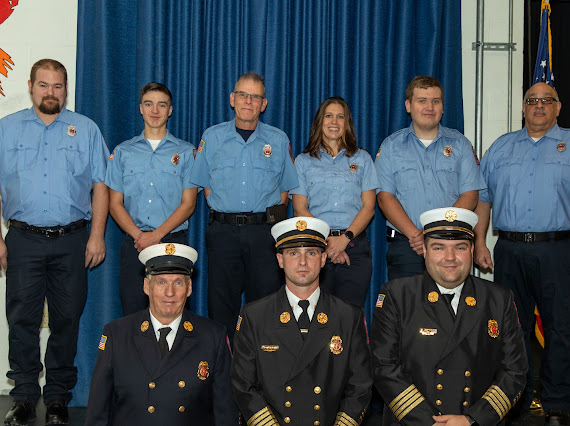 New firefighters were inducted into the New Ipswich Fire Department in a pinning ceremony on Saturday. Back, left to right: Keegan Card, Ryan Murray, Gary Somero, Cathy Murray, Drew Anderson, Greg Bruno. Front, left to right: Deputy Chief Gary Somero, Chief Ben Hatcher, Assistant Chief Cody Vaillancourt. COURTESY