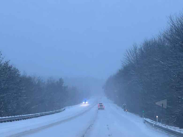 Dublin police are on standby on a snowy Route 101 in the early evening of Tuesday's storm. STEPHANIE PARK / Courtesy