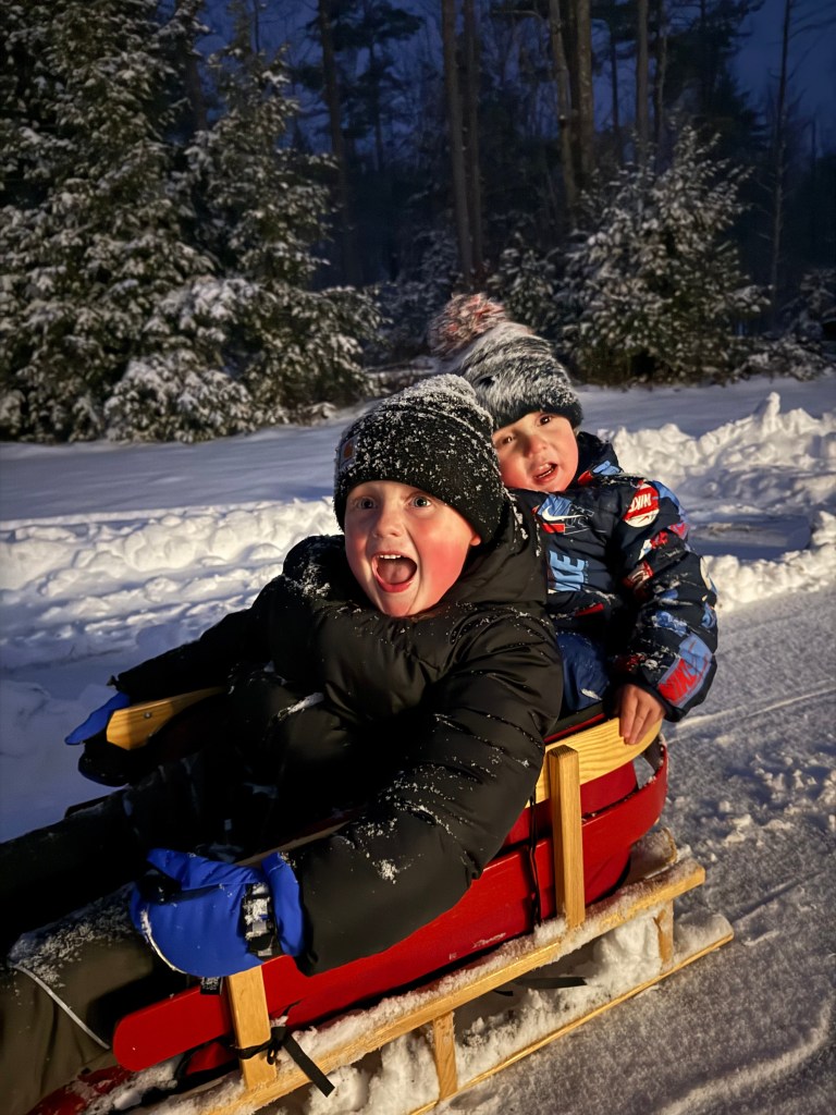 Carson and Finn Dresser of Rindge go for a sled ride. AMANDA DRESSER / Courtesy