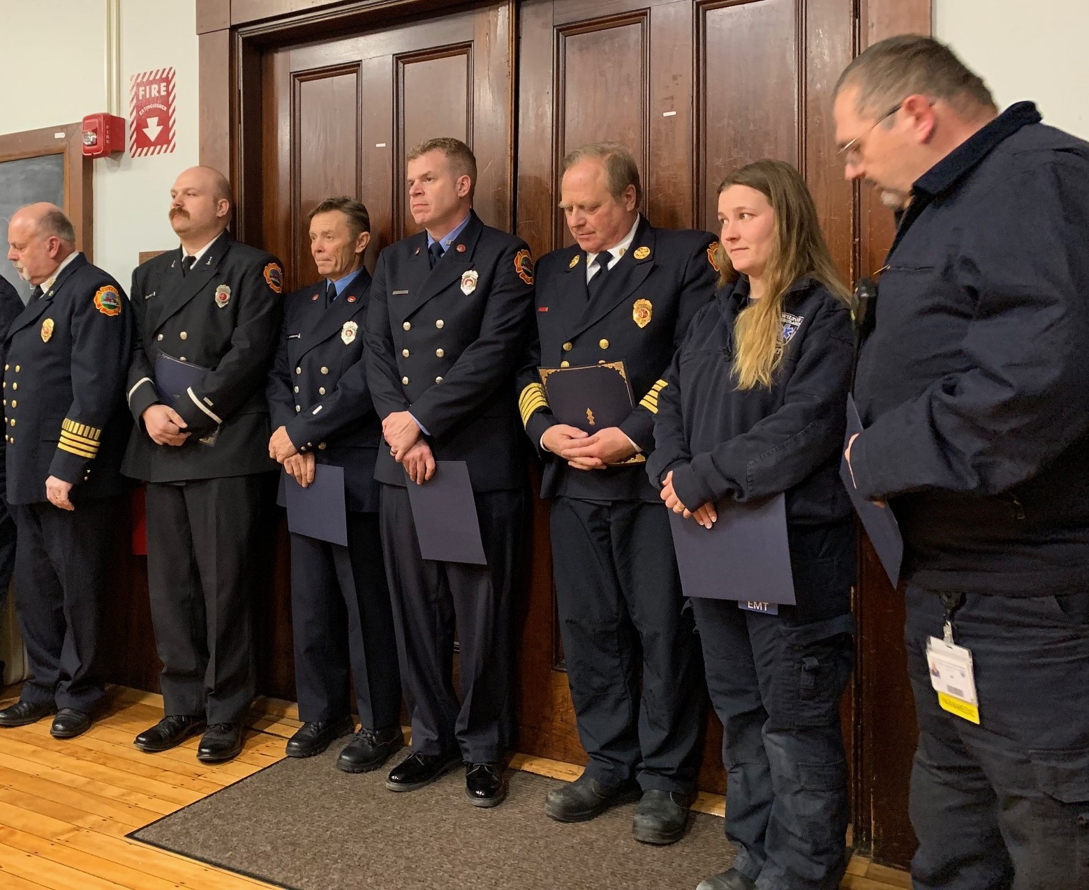First responders being recognized for teamwork, competence and quick decision making. (left to right: Tom Saiti, Parker Dick, Chris Kennedy, Shaun O'Connor, Norm Skantze, Abigail Wilson, Jeff Francis)