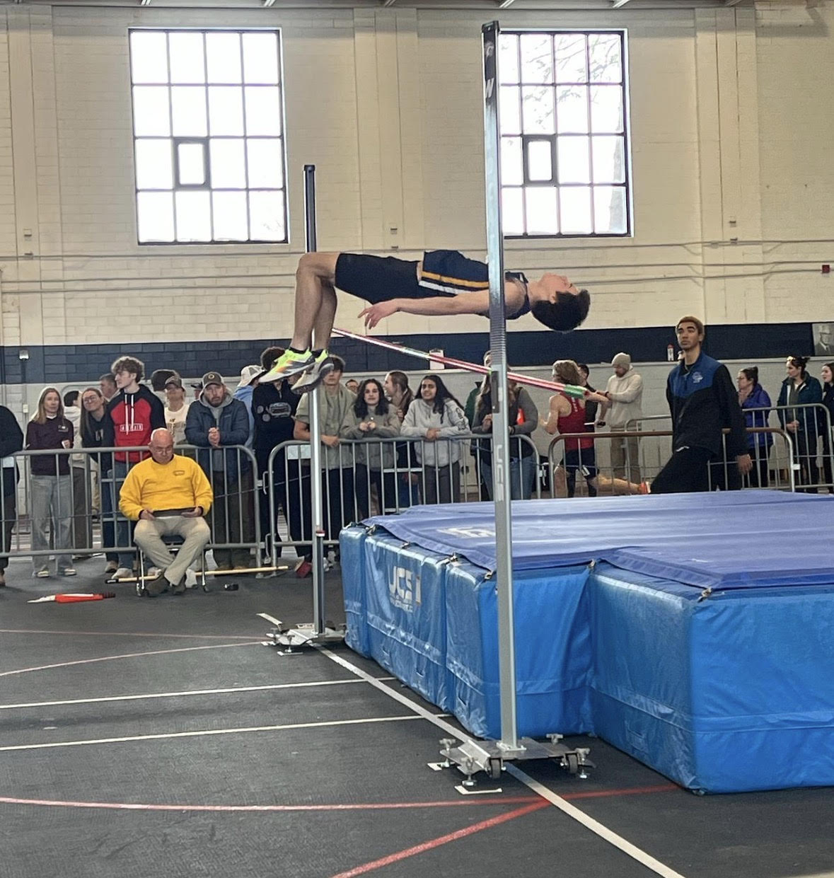 Griffin Schultz competed in the high jump for the ConVal track team on Sunday in the first part of the Division II State Championship Meet at the University of New Hampshire. He cleared 6 feet, tying two other athletes for the second-highest jump of the day.