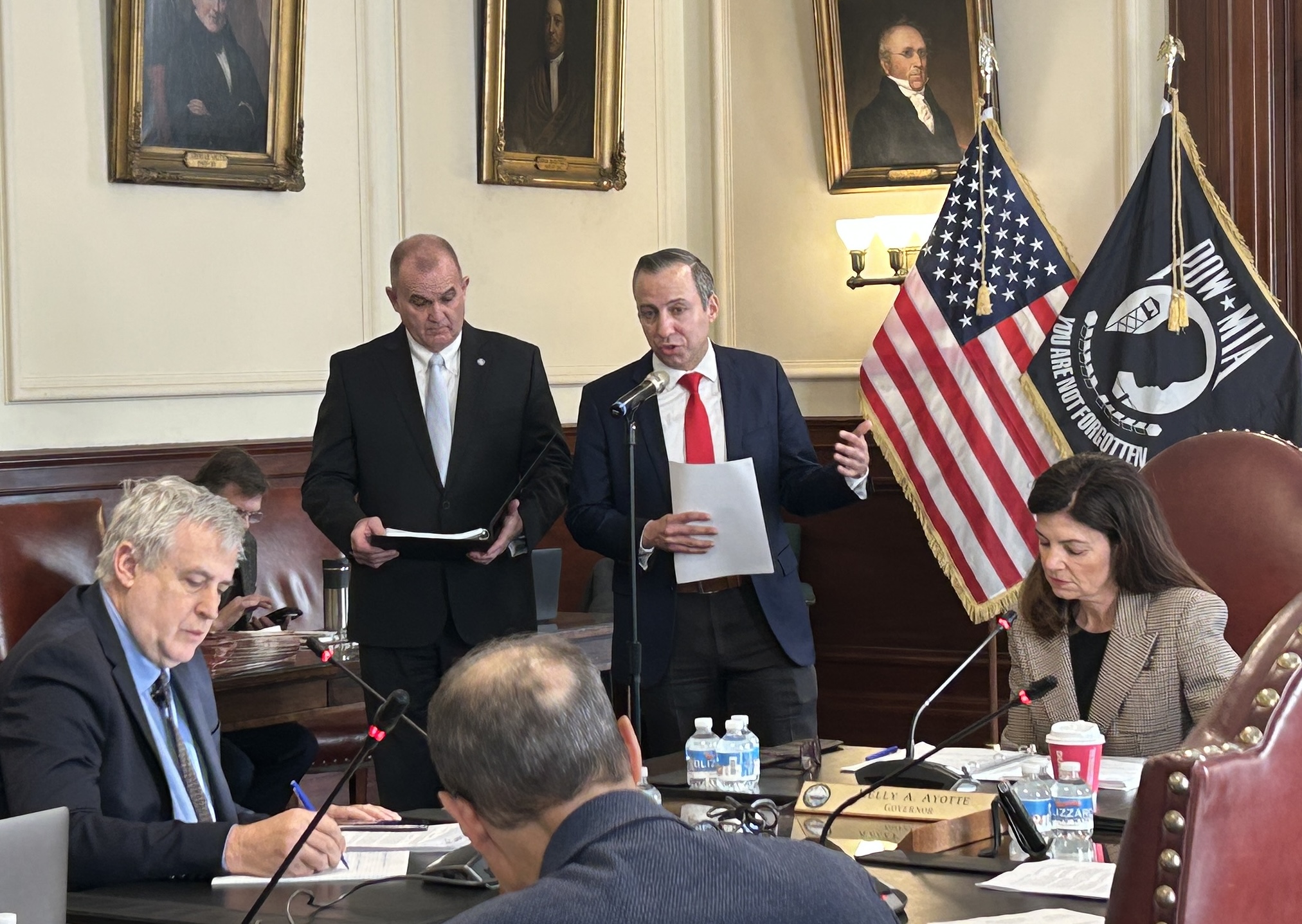 Attorney General John Formella (right) told Gov. Kelly Ayotte and the Executive Council on Wednesday that New Hampshire would be out of compliance with the Clean Air Act if they rejected a contract extension with Gordon-Darby.