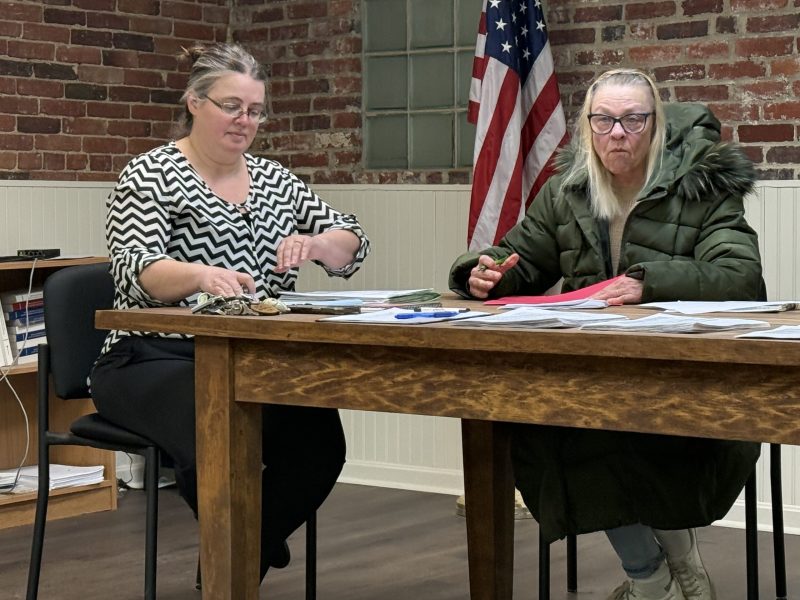 Greenville Town Administrator Tara Sousa and Select Board Chair Kathleen McNamara discuss the budget during the town's budget hearing on Thursday. ASHLEY SAARI / Ledger-Transcript
