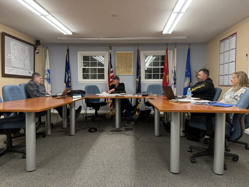 New Ipswich Select Board Lou Alvarez, Jason Somero and Shawn Talbot discuss the possibility of New Ipswich having a five-man Select Board during a public hearing on Tuesday. ASHLEY SAARI / Ledger-Transcript