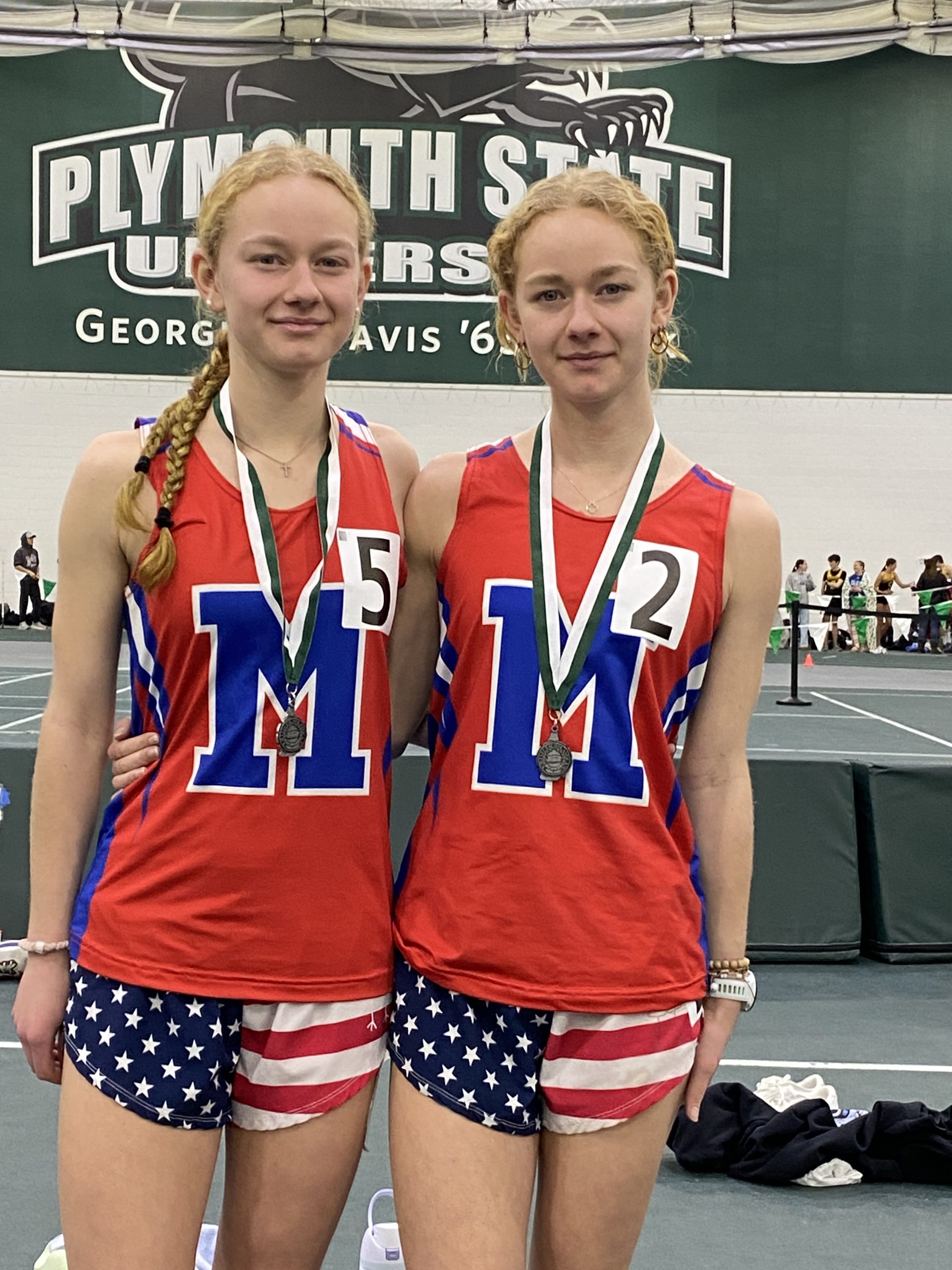 Mascenic seniors Erin and Kaitlin O'Shea at the Division 2 State Championship Meet on Sunday, Feb. 8 at Plymouth State University.