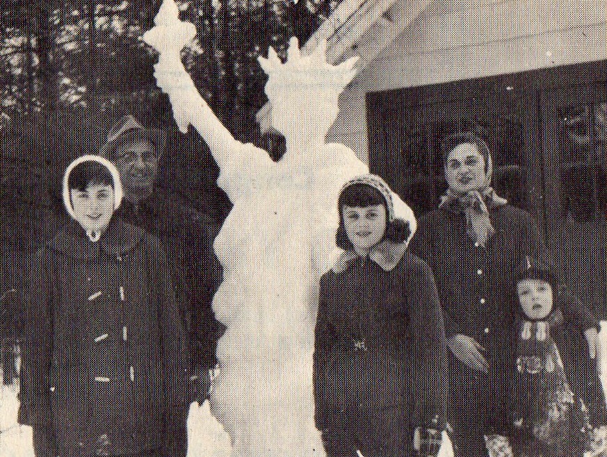 In 1957, the Vanni family won the snow sculpture contest with “Lady Liberty.” From the left: Brenda Vanni Case, Romolo "Dade" Vanni, Jr., Lyn Vanni Lambert, (front), Eleanor Vanni and 3-yr old Steve Vanni.