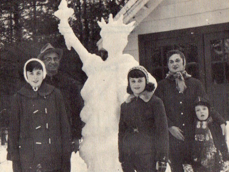 In 1957, the Vanni family won the snow sculpture contest with “Lady Liberty.” From the left: Brenda Vanni Case, Romolo "Dade" Vanni, Jr., Lyn Vanni Lambert, (front), Eleanor Vanni and 3-yr old Steve Vanni.