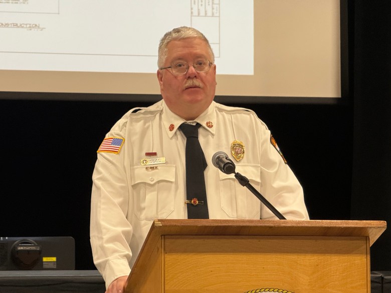 Fire Chief David Chamberlain speaks on the need for a fire station addition. ASHLEY SAARI / Ledger-Transcript