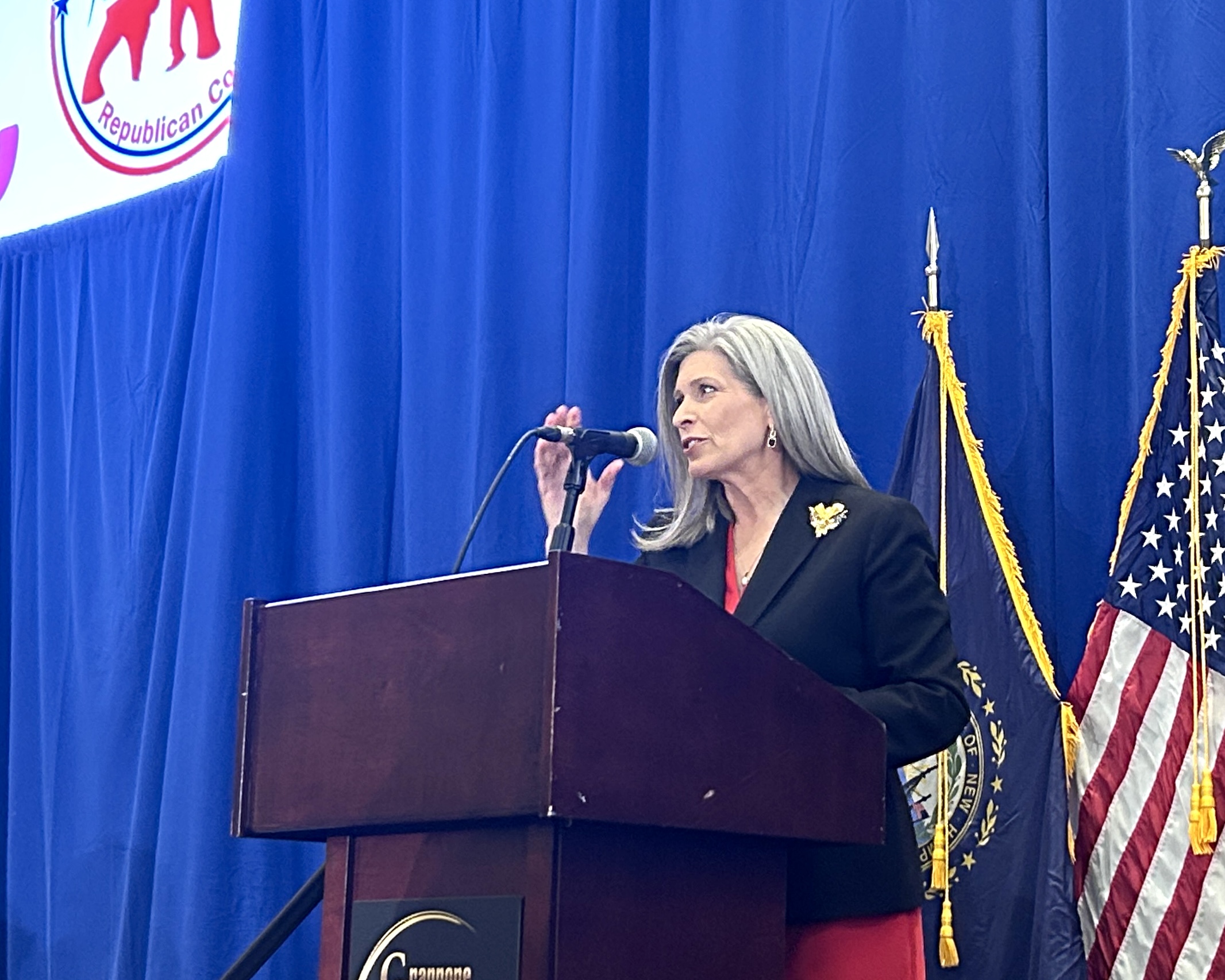 U.S. Sen. Joni Ernst of Iowa speaks at a Concord GOP fundraising dinner at the Grappone Conference Center on Thursday, March 5, 2026.
