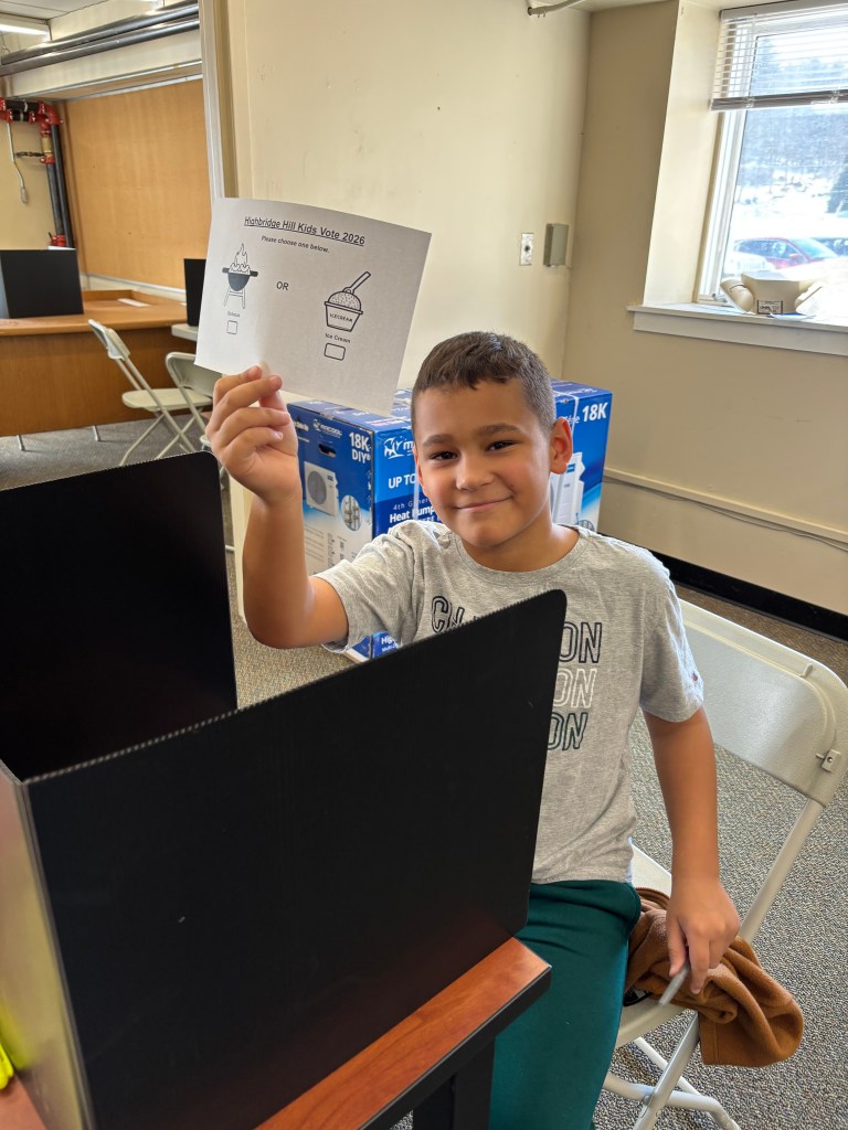 HHES 2nd grader, Jameson DiBuono, shows his ballot for the SAU 87 Kids Vote prior to casting his vote. HHES students were voting whether to keep the traditional end of year barbecue or replace it with an ice cream party. LISA WILKINSON / Courtesy
