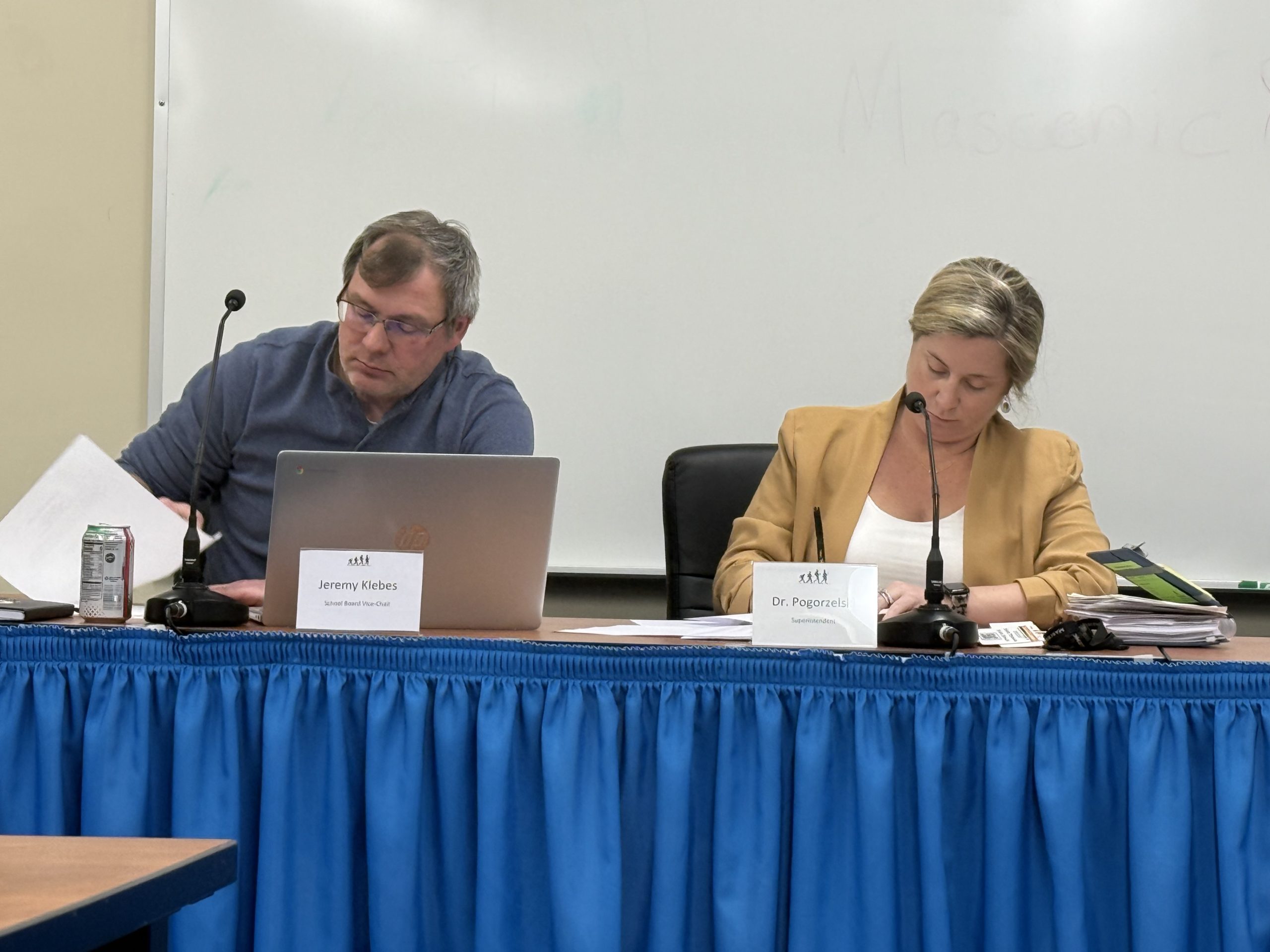 School Board Vice-Chair Jeremy Klebes and Superintendent Liz Pogorzelski discuss plans to preserve middle school sports.