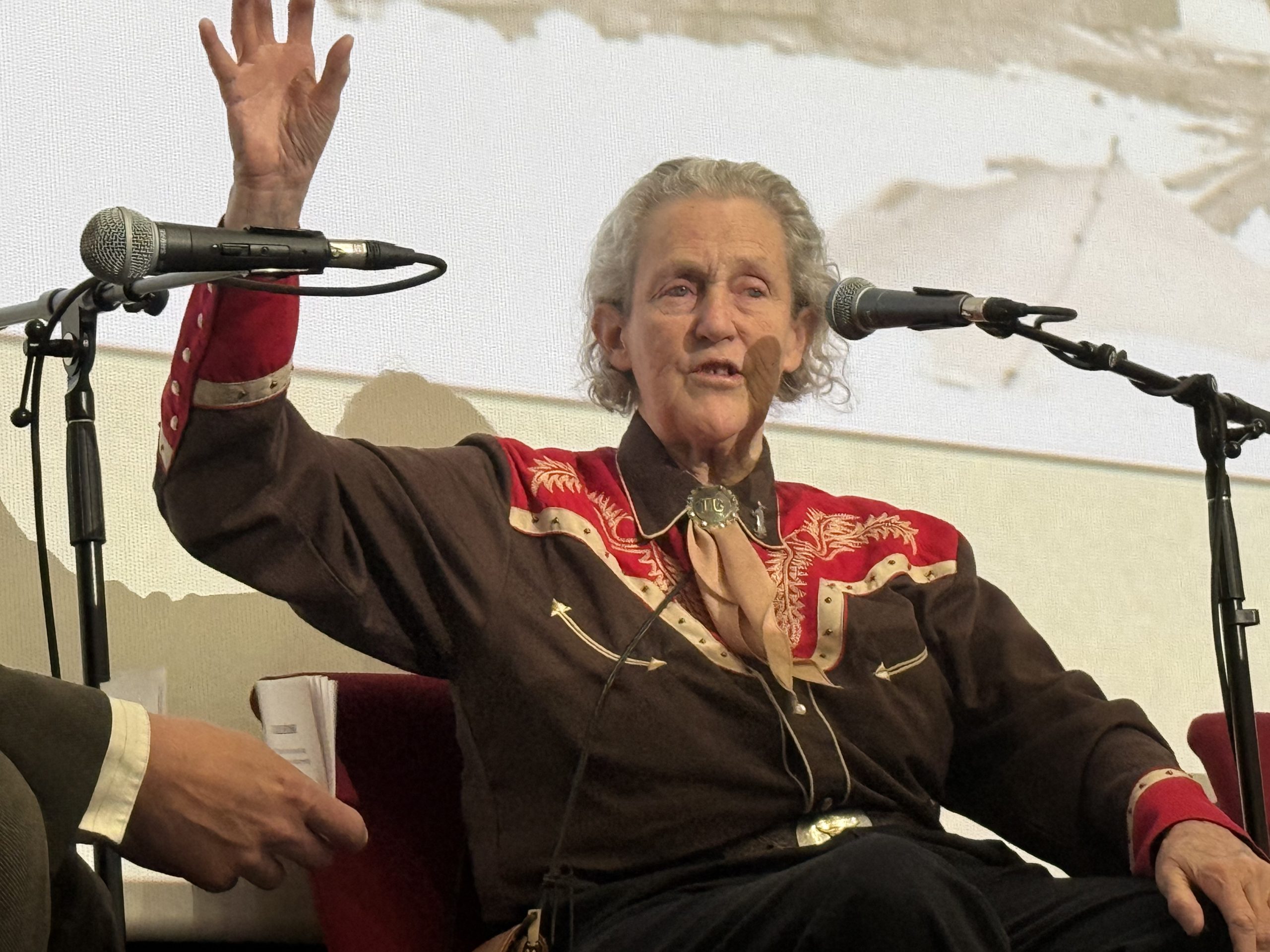 Temple Grandin speaks at a symposium at the Park Theatre in Jaffrey on Wednesday.