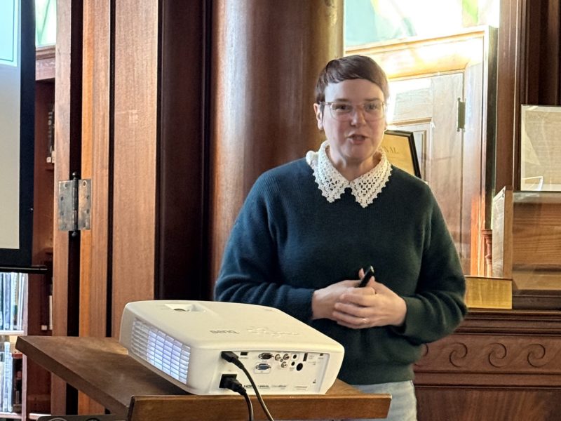 Mary Adams speaks of Revolutionary War history at the Wilton Public and Gregg Free Library on Thursday, as part of the town's celebrations of America's 250th birthday.