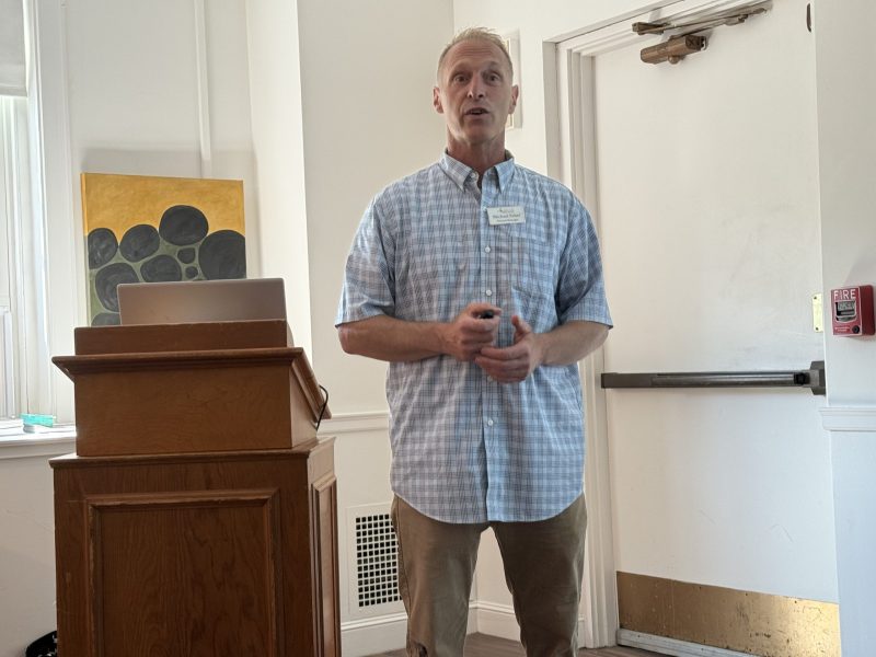 Monadnock Food Co-Op General Manager Michael Faber presents information to residents about a coming store in Jaffrey.