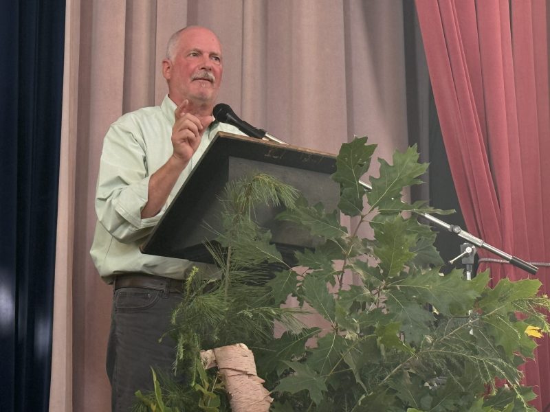 Jack Savage speaks at the Amos Fortune Forum in Jaffrey on Friday evening.