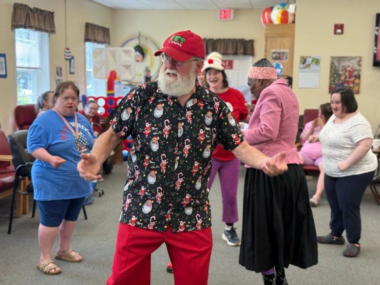 John Stone as Monadnock Santa leads a 30-second dance party.