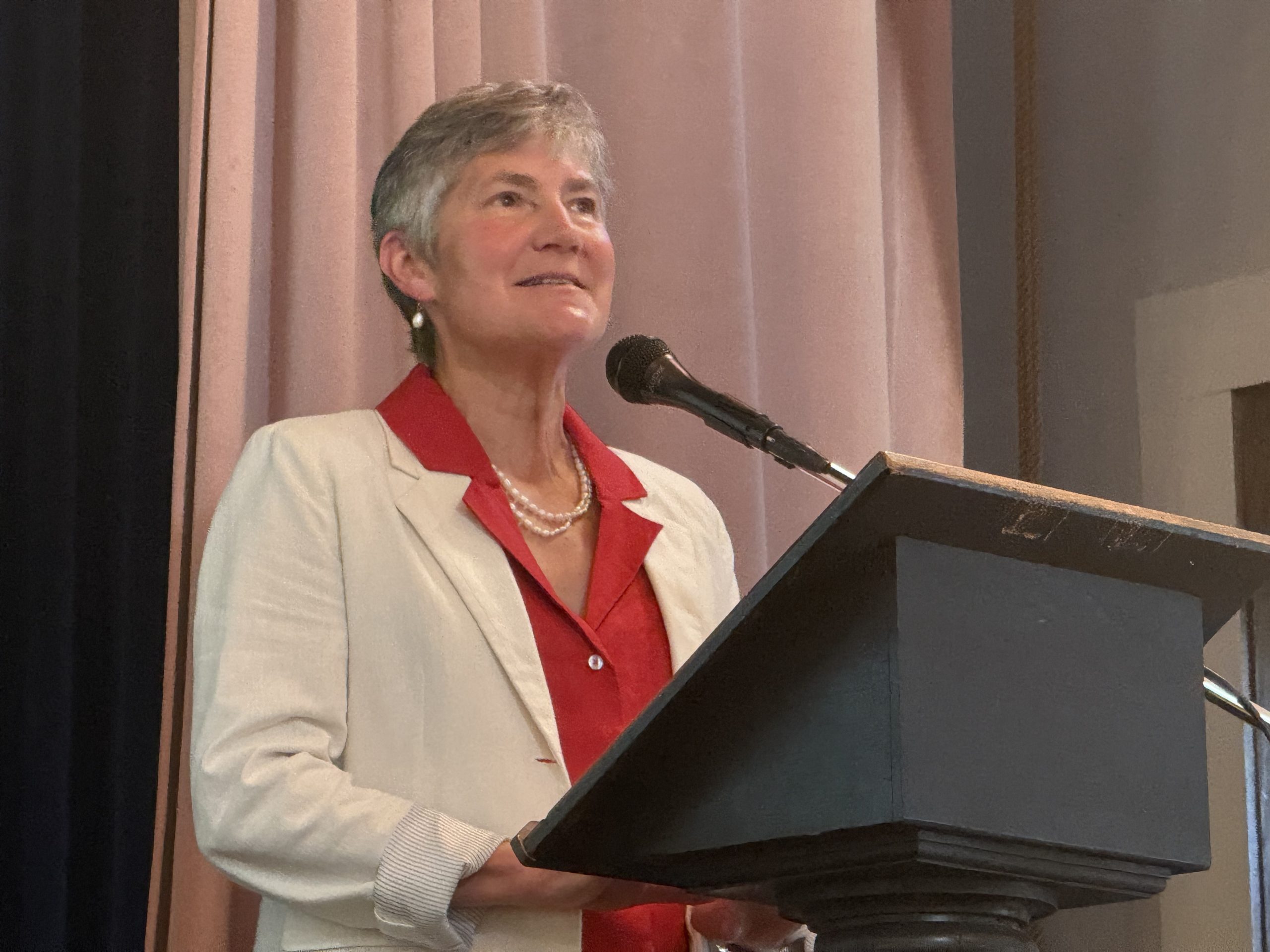 Heather McKernan speaks at the Amos Fortune Forum on Friday.