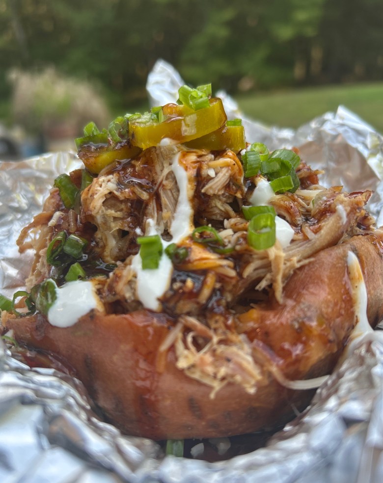 Angry Cock BBQ's loaded sweet potato.