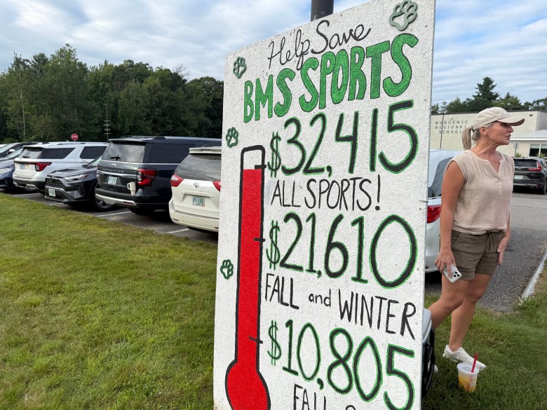 A fundraising thermometer shows the narrow gap needed to fund Boynton sports for the year.