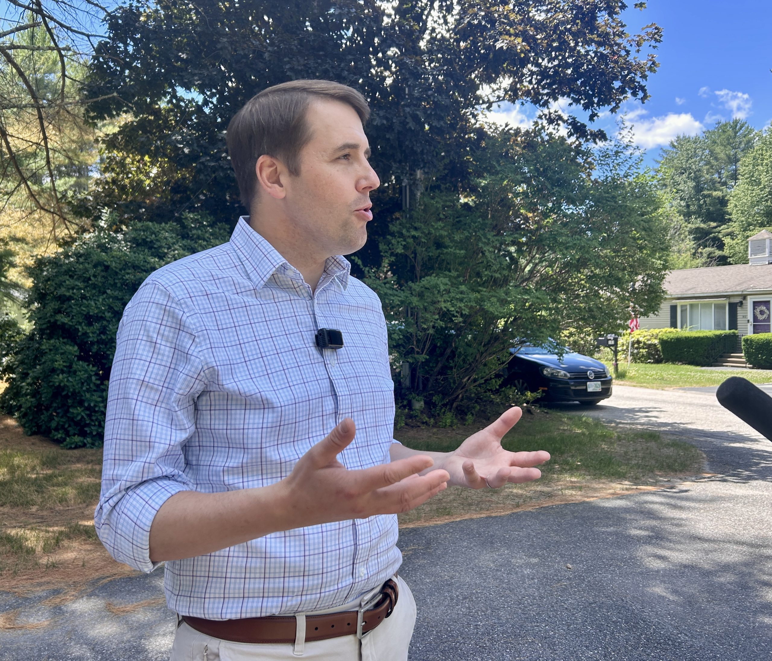 U.S. Rep. Chris Pappas speaks with reporters on a visit to the Meadows of Hopkinton manufactured housing park on June 16, 2026.