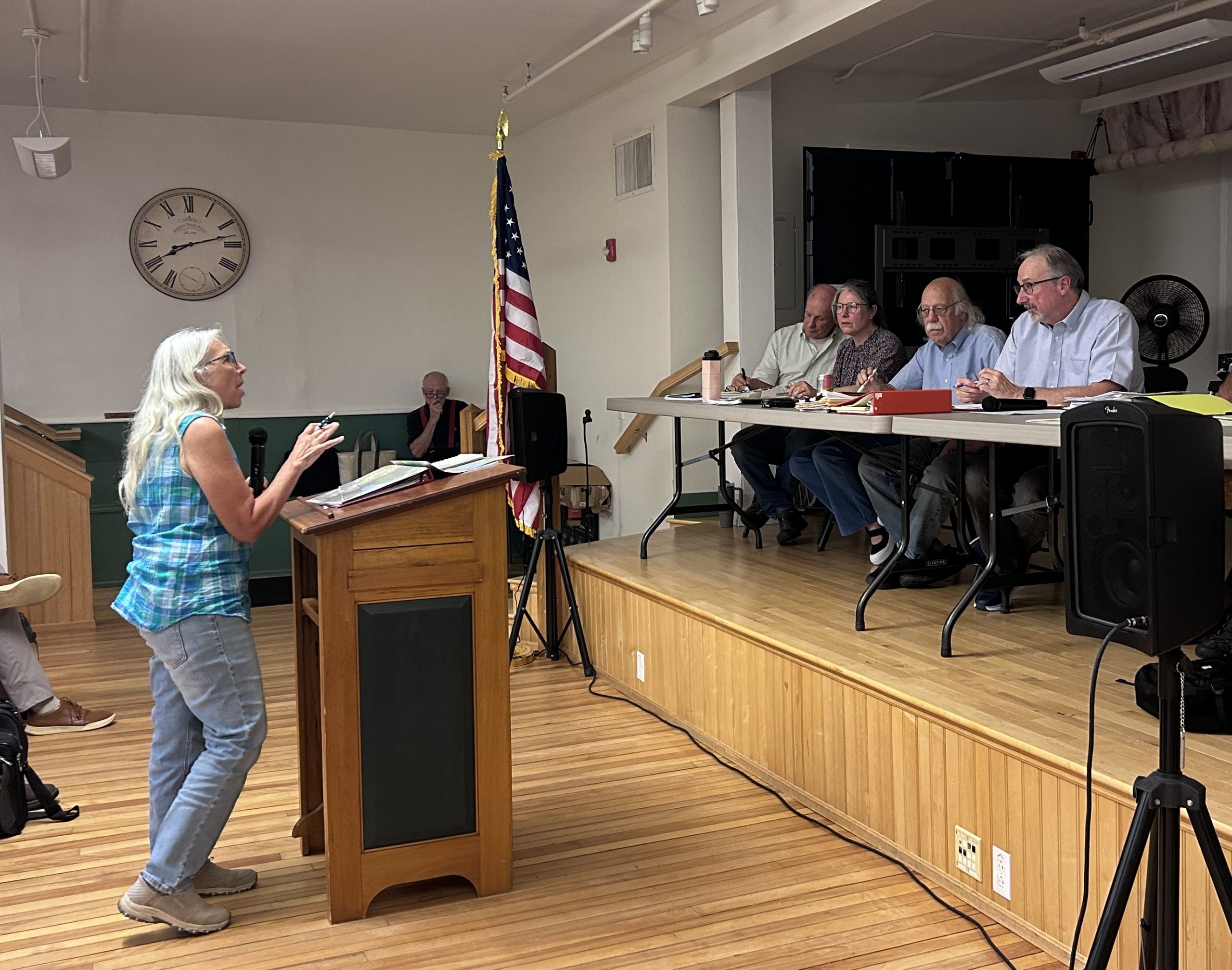 Katie Sysyn-Bolduc speaks to the planning board in opposition of a proposed cell tower near her home in Hancock on Wednesday, Aug. 5.