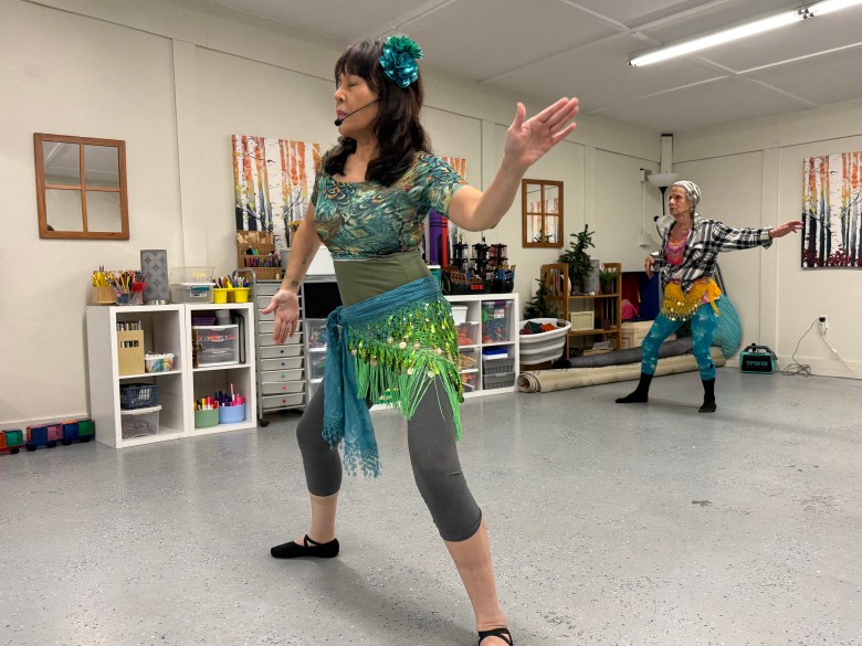 Instructor Elisa Fitzgerald leads a belly dancing fitness class at the Jaffrey Recreation Department.