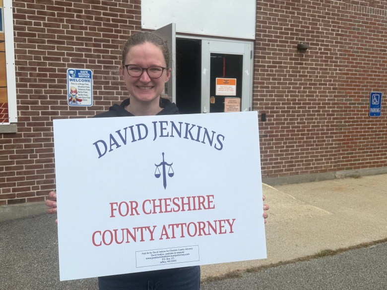 Morgan Jenkins campaigns on behalf of her husband at the Jaffrey polls. 
