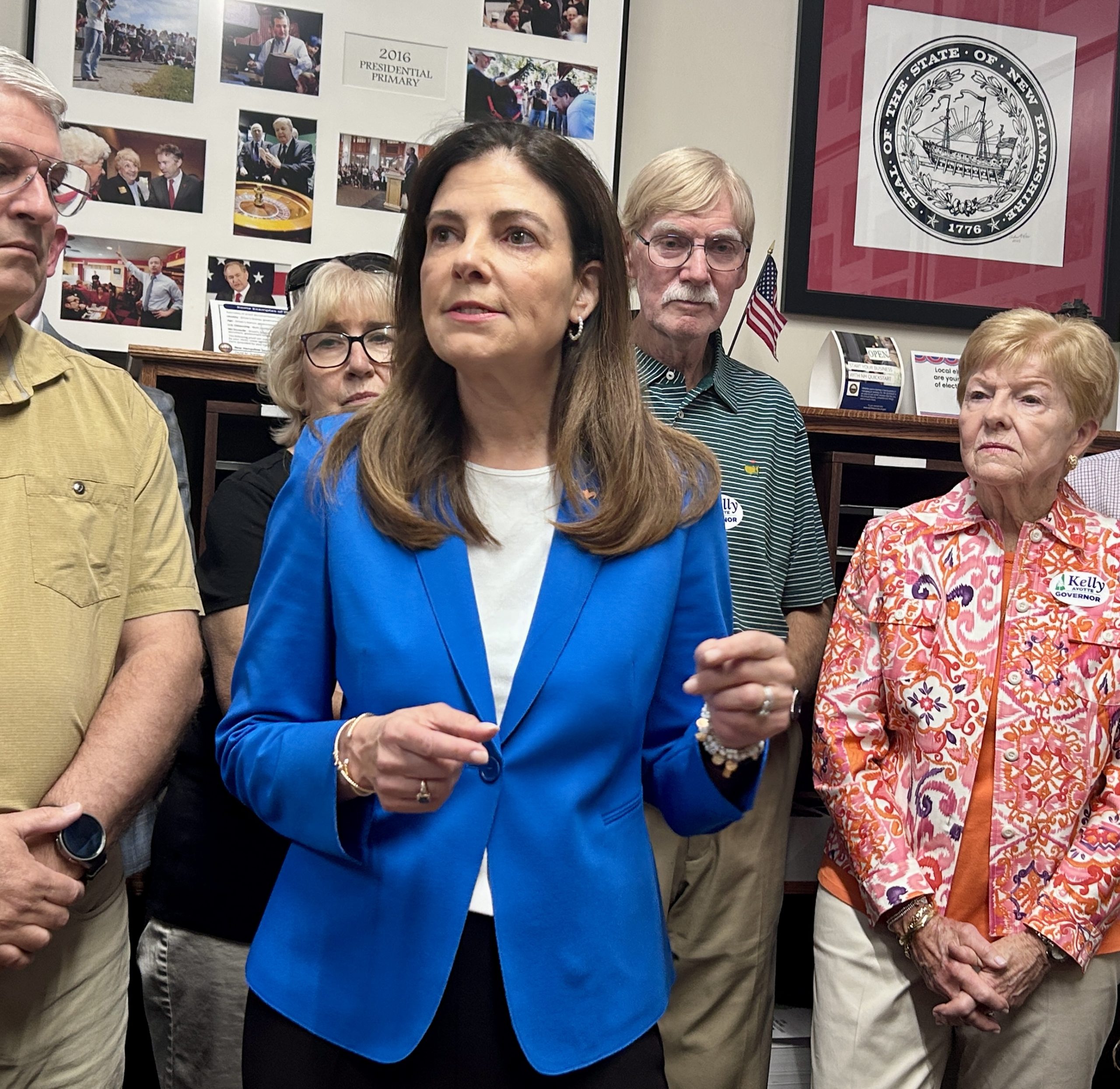 Kelly Ayotte takes questions from reporters after declaring her candidacy for a second term as governor on June 4, 2026.