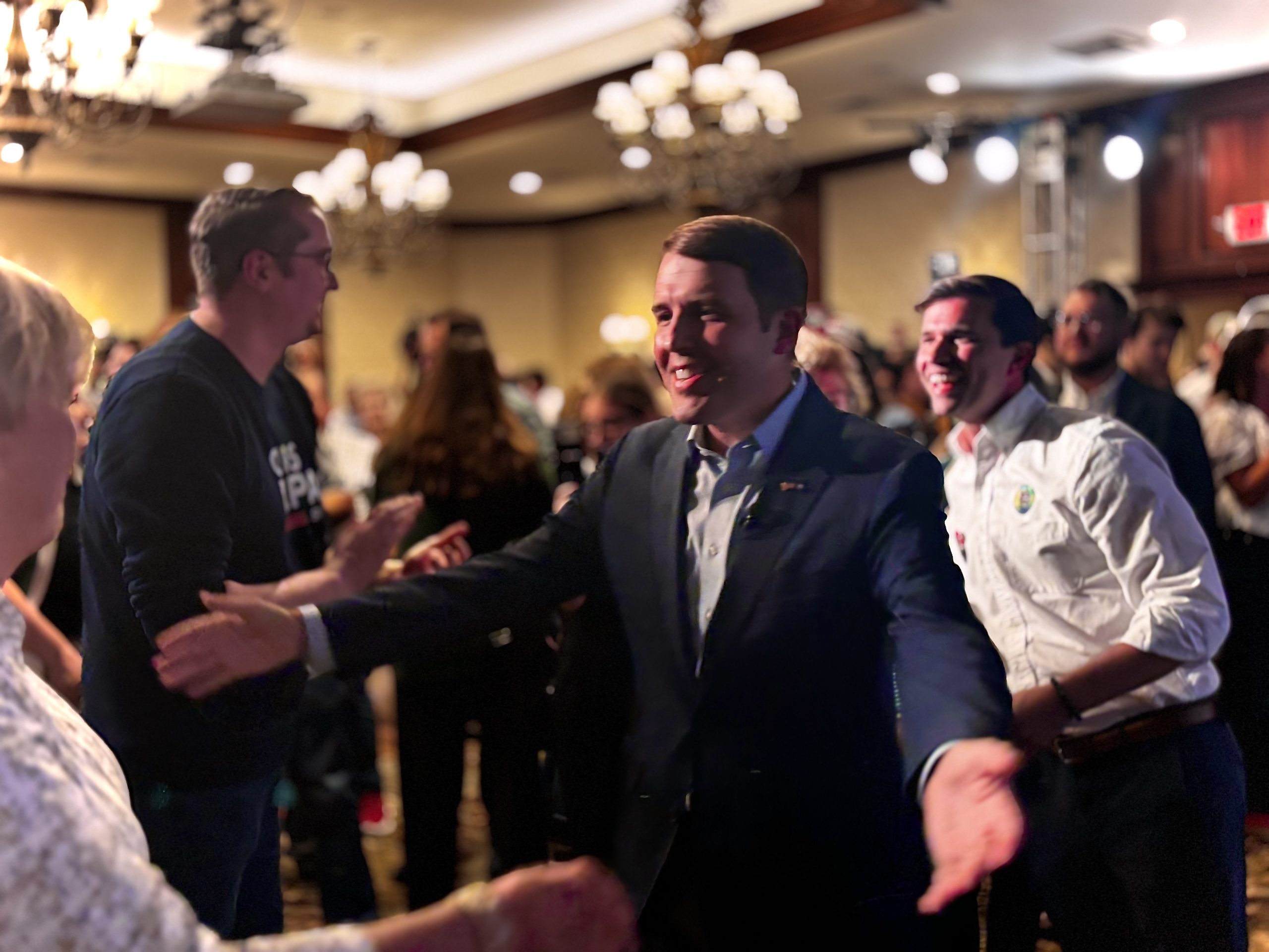 Congressman Chris Pappas celebrates a decisive win in the Democratic primary for U.S. Senate at the Puritan Backroom in Manchester on Tuesday, Sept. 8, 2026.