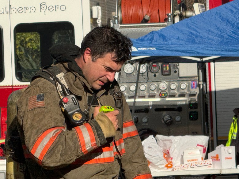 State Instructor Thomas Beaumont communicates via radio.
