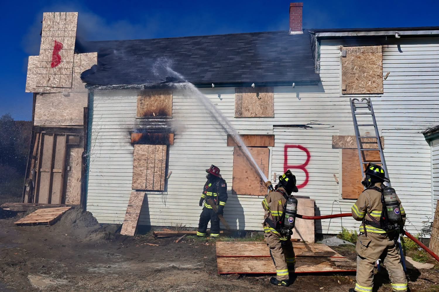 Crews train on fire attack on the second floor.