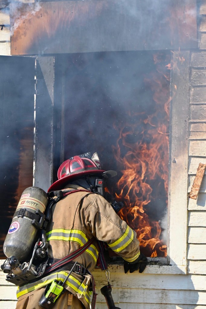 Crews train on fire attack on the second floor.