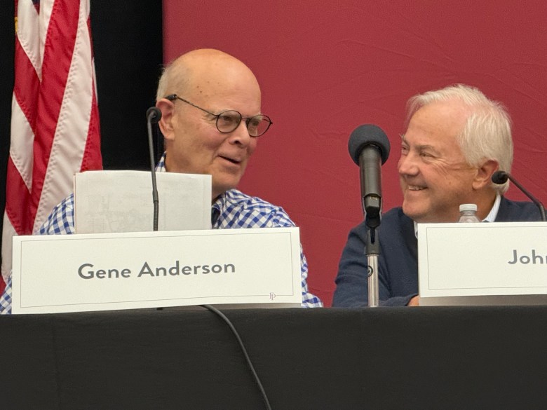 State Rep. candidates Gene Anderson and John Hunt share a comment before the start of the forum.