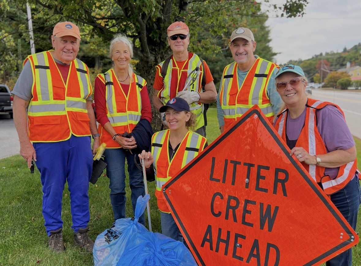 The Kiwanis litter clean-up crew included, in the back row, from the left, Peter Harrison, Barbara Bowen, Bob Bolt, and Brian Chamberlain, and in the front Kimberly Chamberlain and Stephanie Hurley.