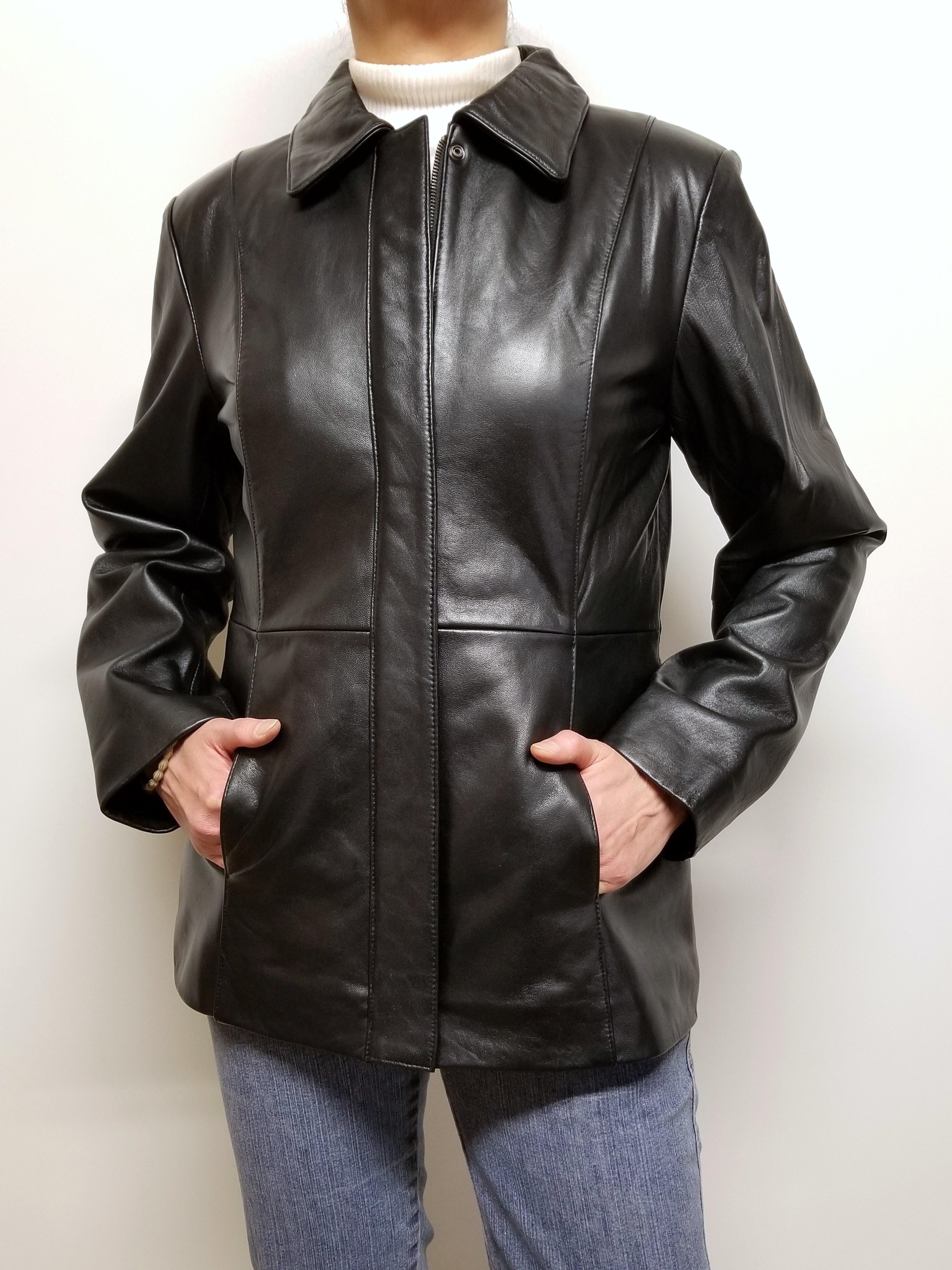 Women lambskin leather jacket parka black color women lambskin leather