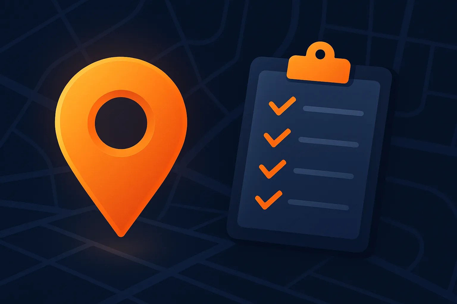 Map pin and audit checklist with orange check marks