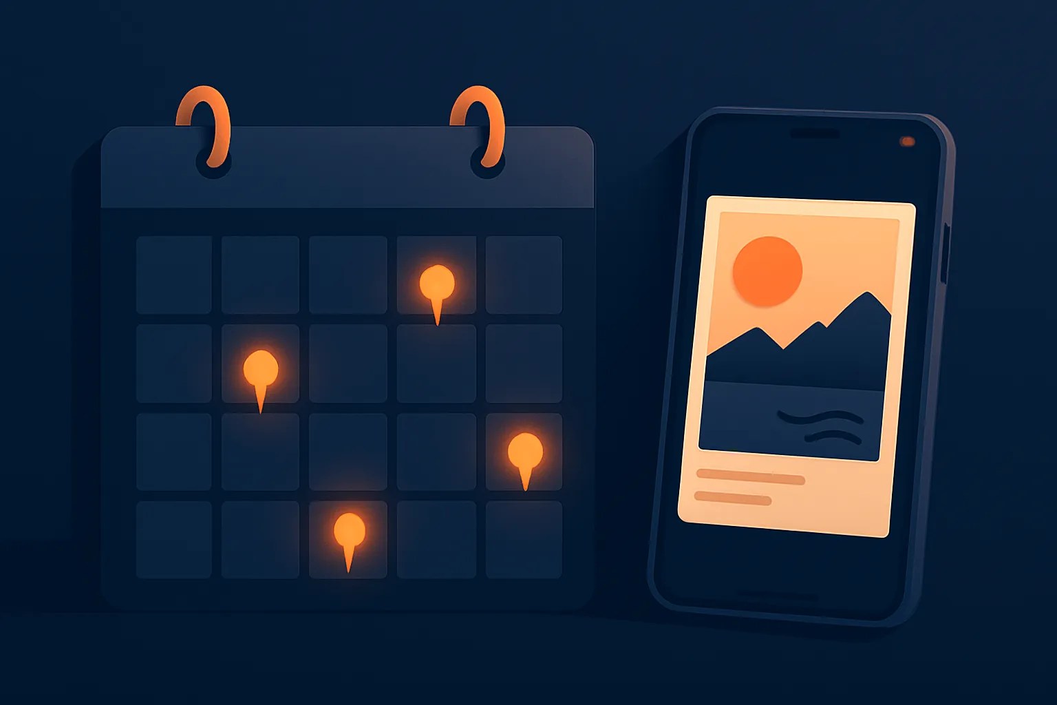 Calendar with glowing pins beside a phone showing a post
