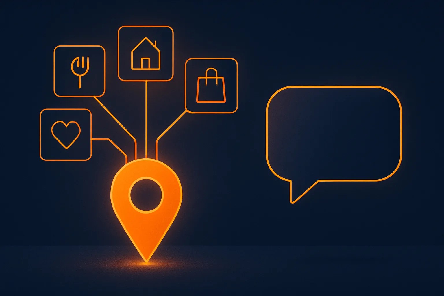 Map pin branching into business category tiles linked to an AI chat bubble