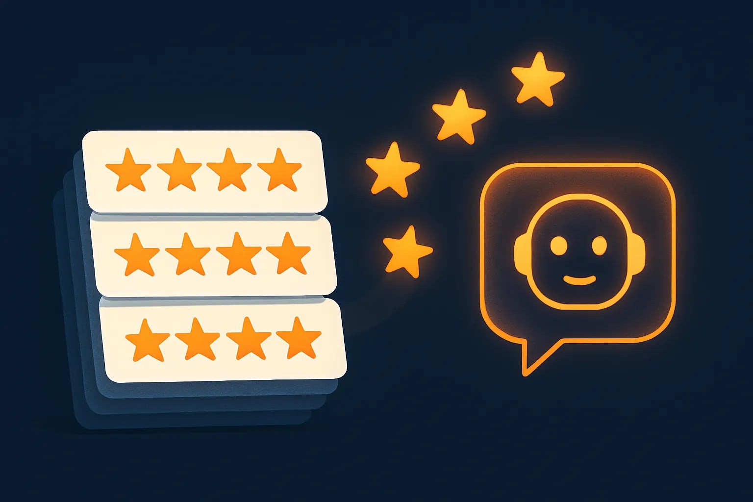 Five-star review cards flowing into an AI chat bubble