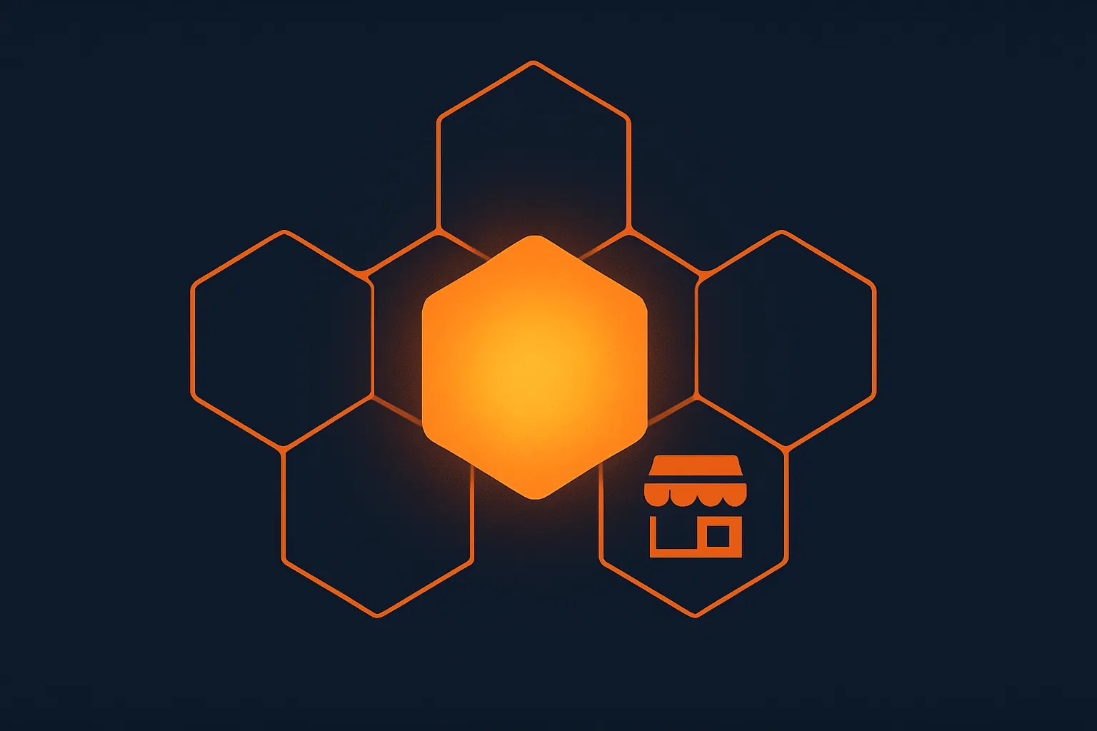 Cluster of connected hexagons around a central glowing hub