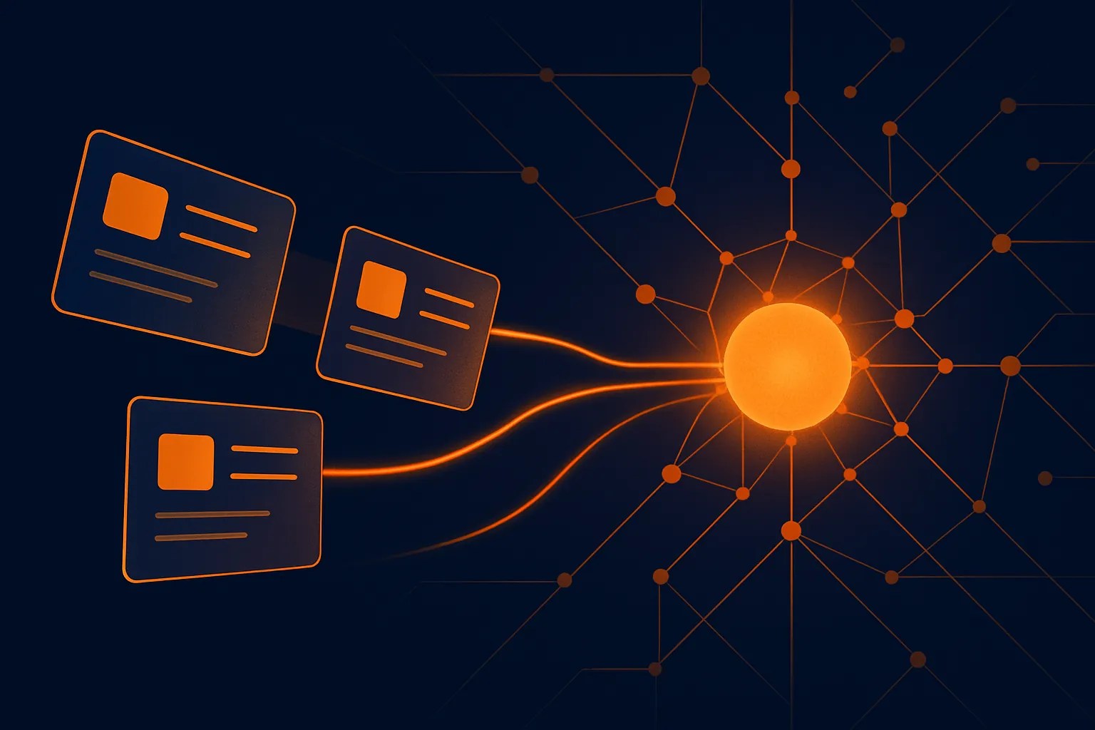 Data cards flowing into a glowing neural network