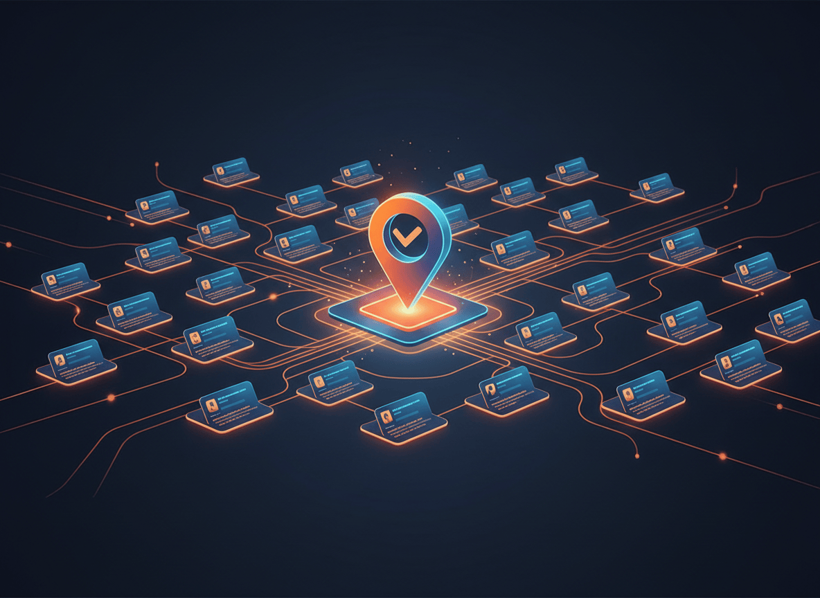 Business listing cards connected to one verified location pin