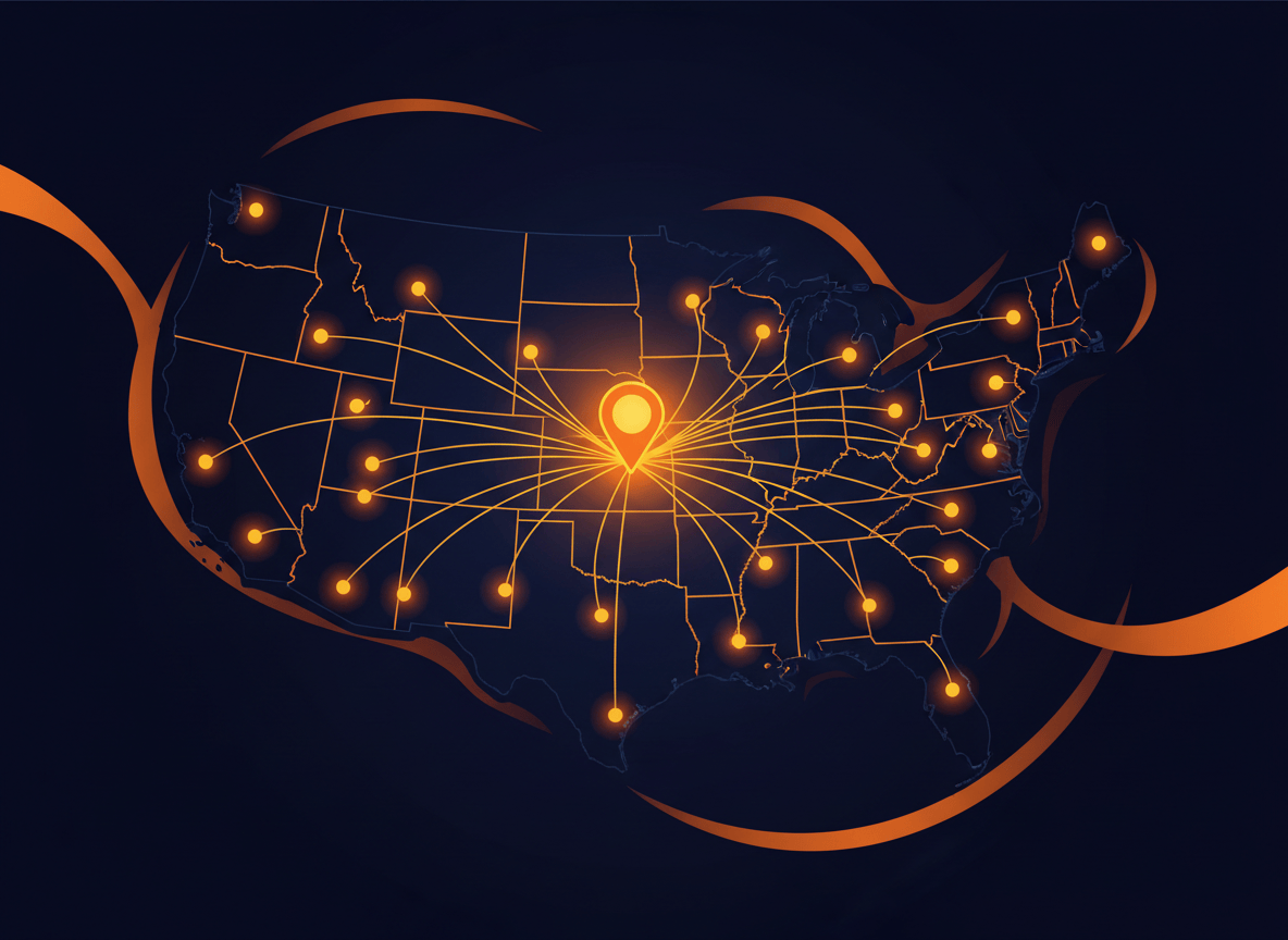 US map with thirty glowing metro points linked to one pin