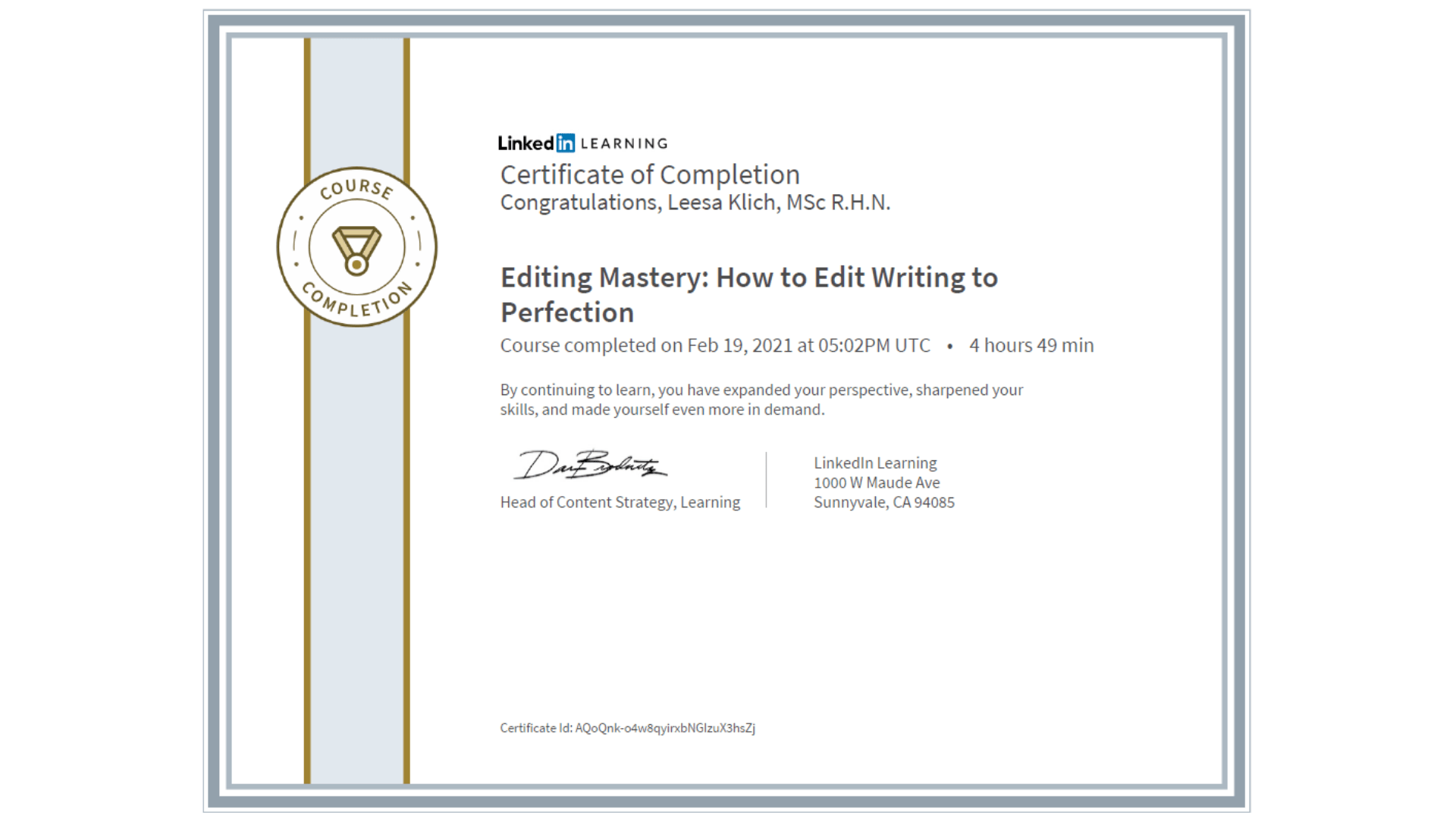 LinkedIn Learning Editing Certificate Leesa Klich