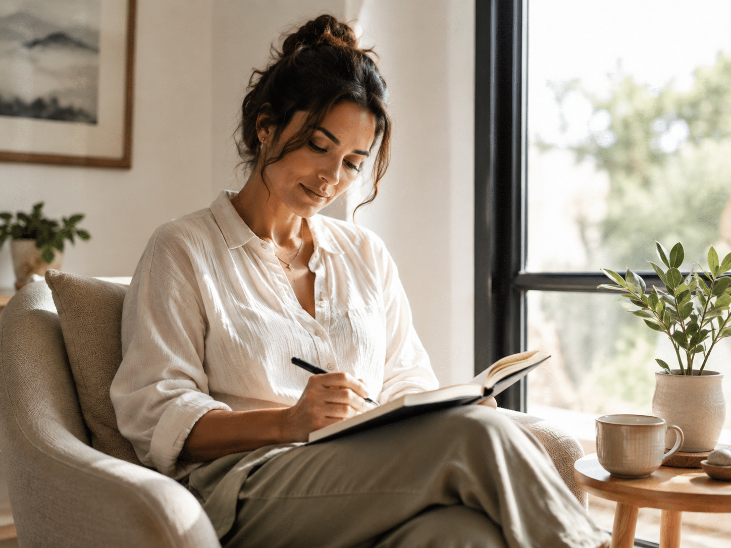 Woman journaling near a window while reflecting on healthy relationship boundaries.