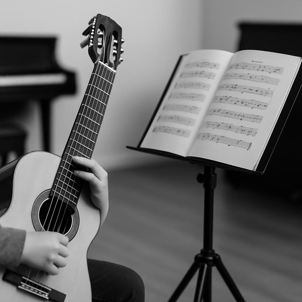 A person holding an acoustic guitar is depicted in the image, with the instrument set below a music stand featuring an ope...