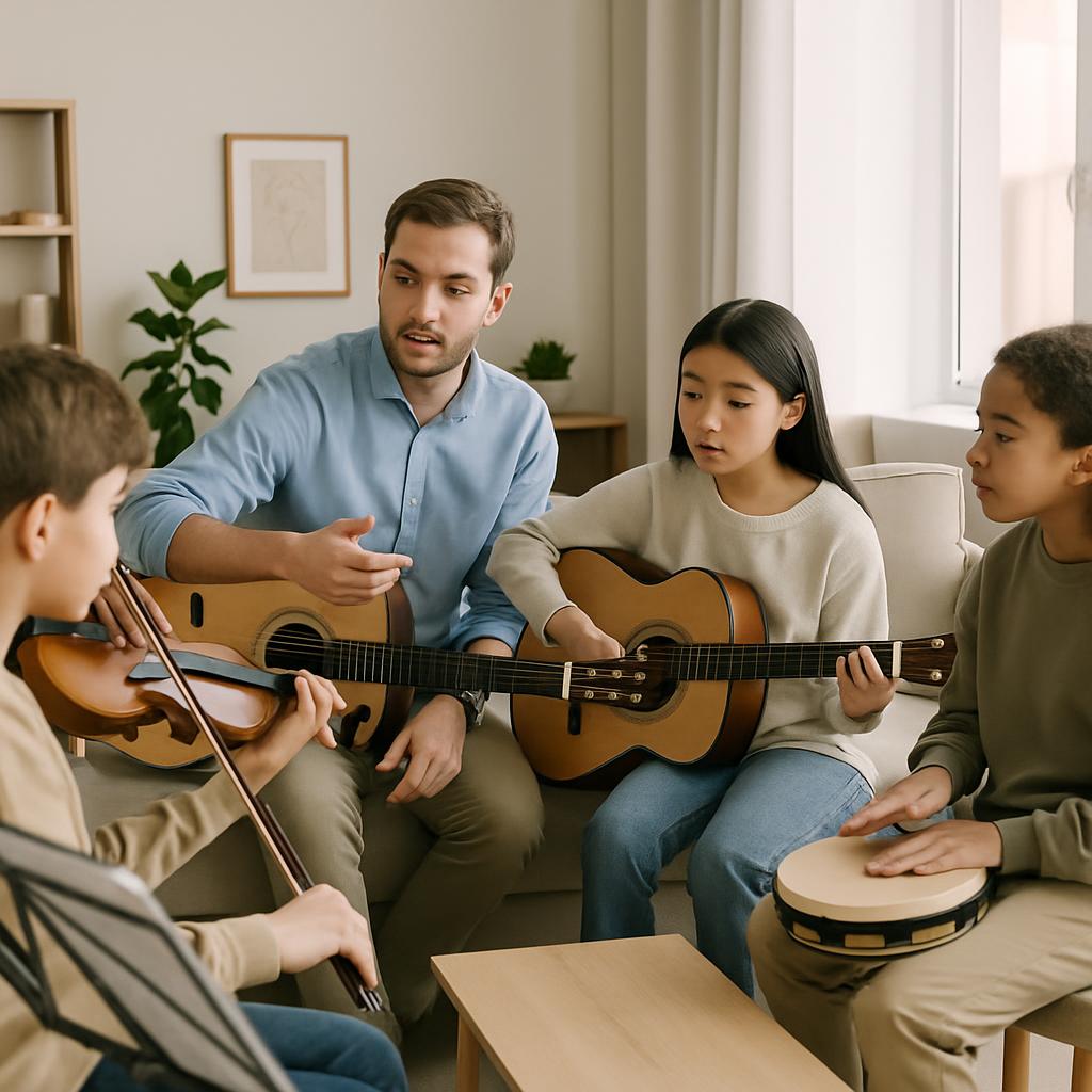 students having a group music lesson in a living room