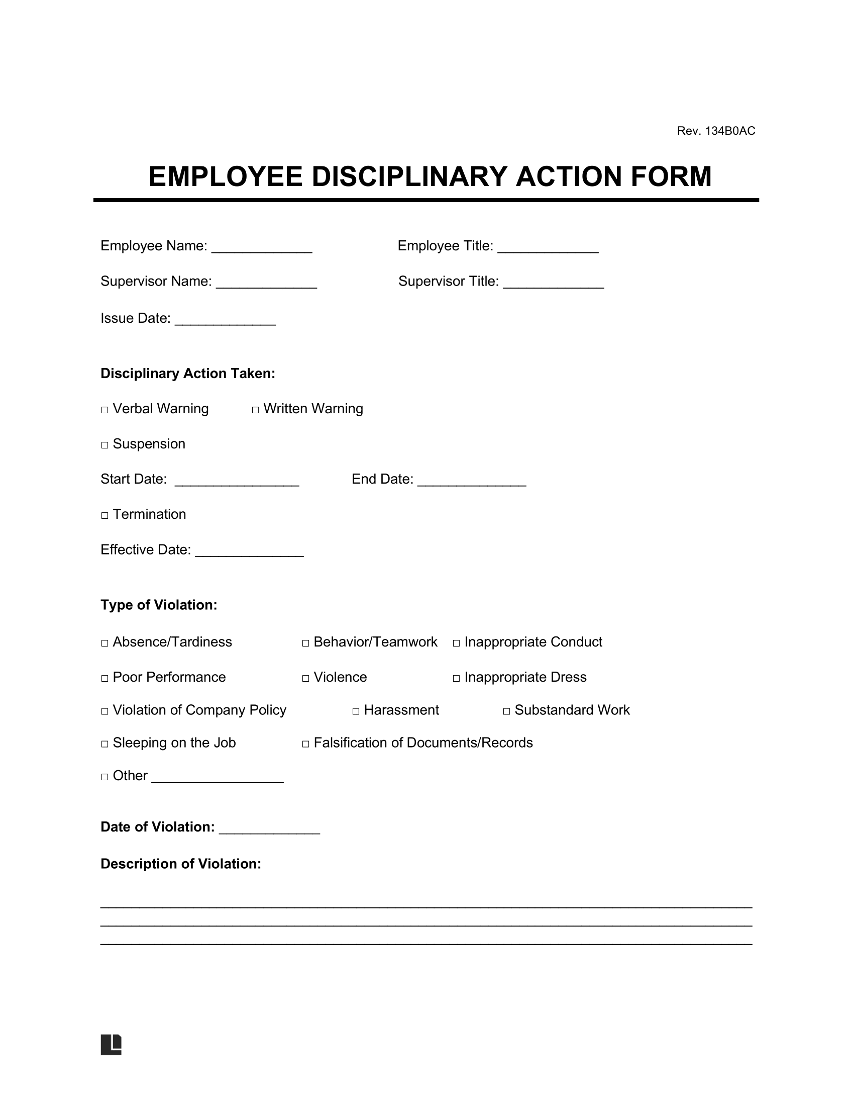 Free employee disciplinary action form